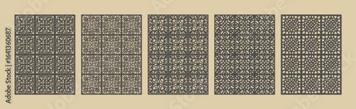 Collection of five intricate geometric patterns in a monochromatic sepia tone palette vector