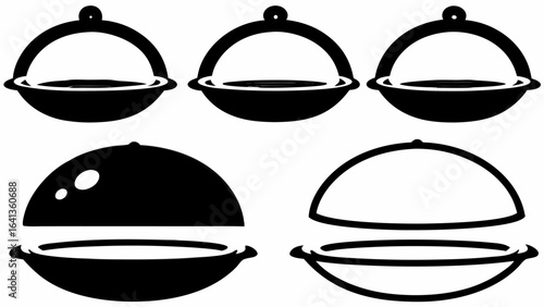 Illustration of three covered baskets and two open dishes with dome lids in black and white style silhouette