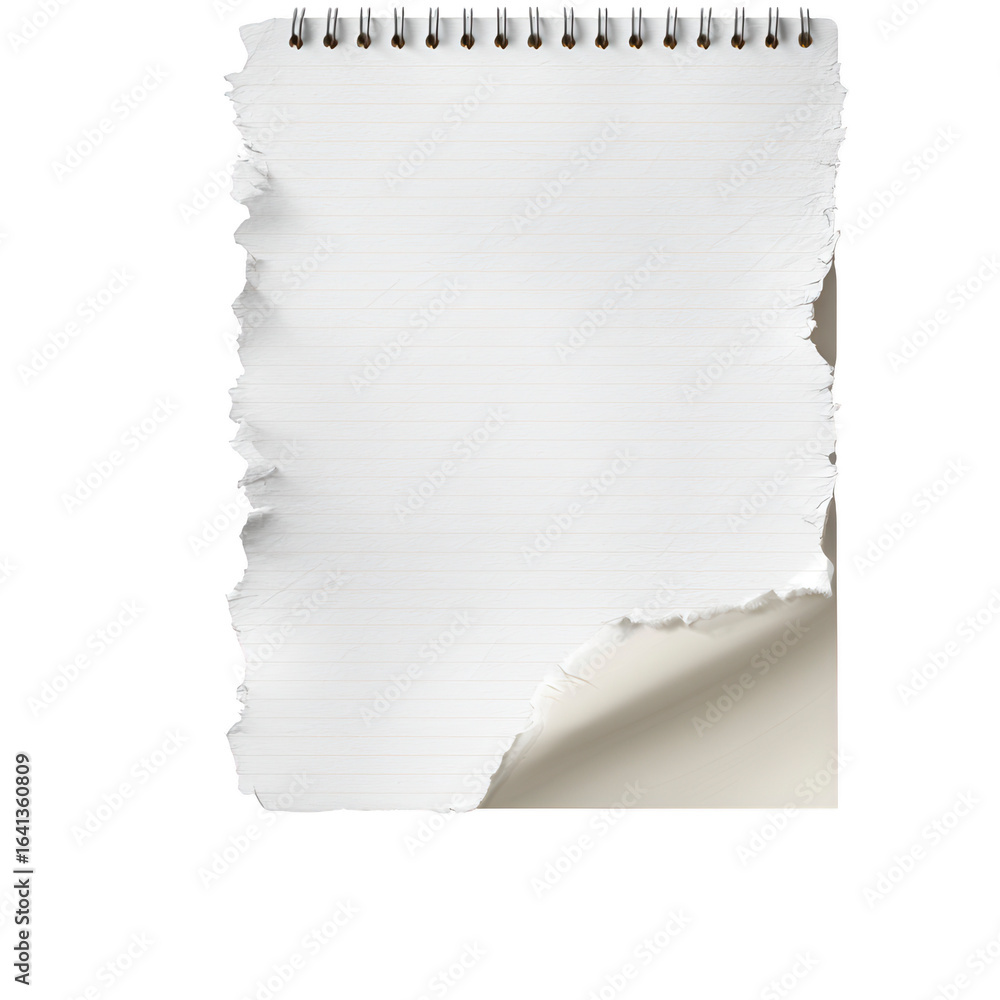 Obraz premium Blank White Spiral Notebook Page with Ripped Edge on a Transparent Background for Creative Design Use