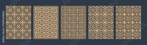 Collection of five intricate geometric patterns in beige and black tones, presented vertically vector
