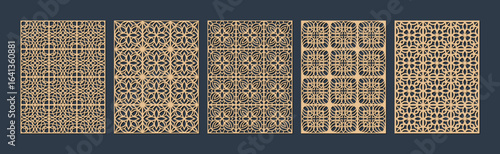 Collection of five intricate geometric patterns in a repeating tile design vector