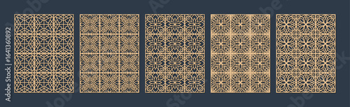 Collection of five vintage patterned tiles with intricate geometric and floral designs in beige and black vector
