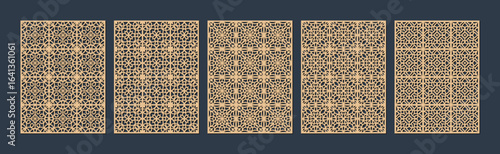 Five panels of intricate geometric patterns in a repeating, symmetrical, and decorative design vector