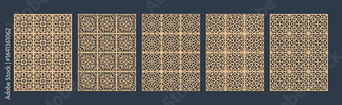 Collection of five intricate geometric patterns in a warm, goldenbrown hue vector