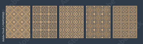 Intricate geometric patterns in beige and black, showcasing diverse symmetrical designs and textures vector