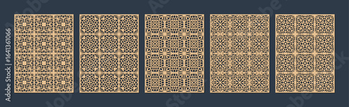 Collection of five intricate geometric patterns in a repeating tile design vector