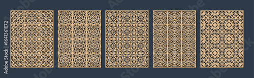 Collection of five intricate geometric patterns in black and beige, showcasing diverse ornamental designs vector