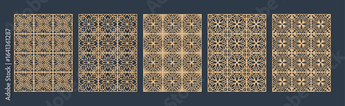 Collection of five intricate geometric patterns in black and beige, showcasing detailed designs vector