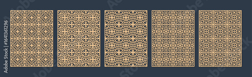 Set of five intricate geometric patterns, laser cut wood, ornamental background vector