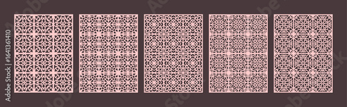 Collection of five decorative panels with intricate geometric patterns in a soft pink hue vector