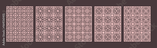 Five panels of intricate geometric patterns in a repeating motif, in a soft pink hue vector