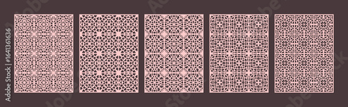 A collection of five intricate geometric patterns in shades of pink and brown, showcasing detailed designs vector