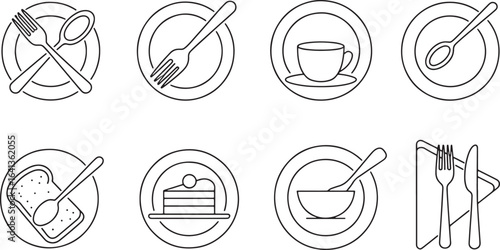 Elegant Food Plate Icons Set Outline Style for Restaurant Menu and Culinary Presentation