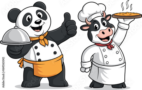 Cartoon panda and cow chefs, white coats, aprons, neckerchief, chef hat, cloche, steaming pizza, cooking animals, playful kitchen scene