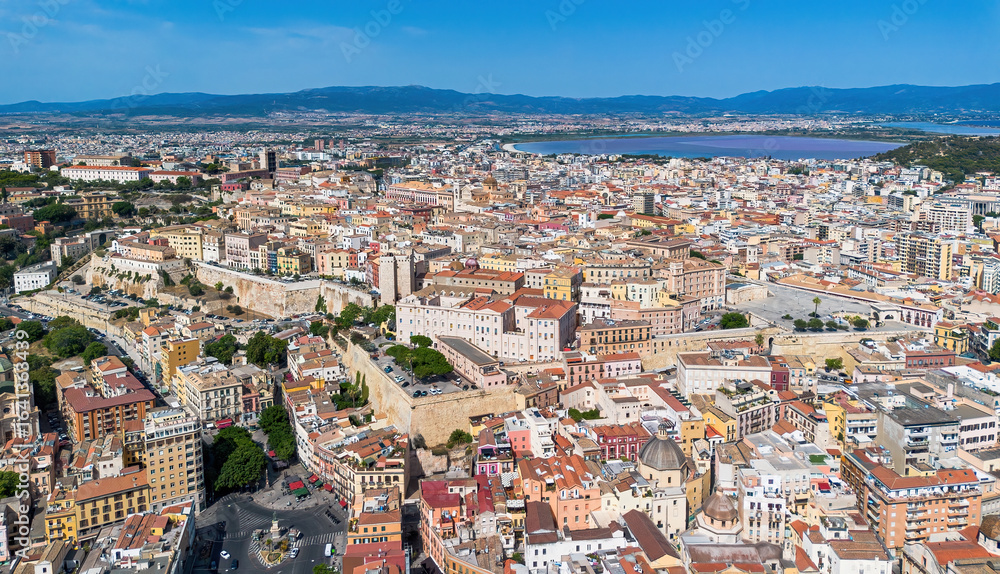 Fototapeta premium Aerial view of the Castello, the old medieval town of Cagliari, the capital city of Sardinia, an Italian island of the Mediterranean Sea