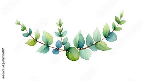 Eucalyptus Foliage Watercolor: A botanical illustration presents a graceful arrangement of eucalyptus leaves, delicately painted with watercolor, capturing a serene aesthetic. 