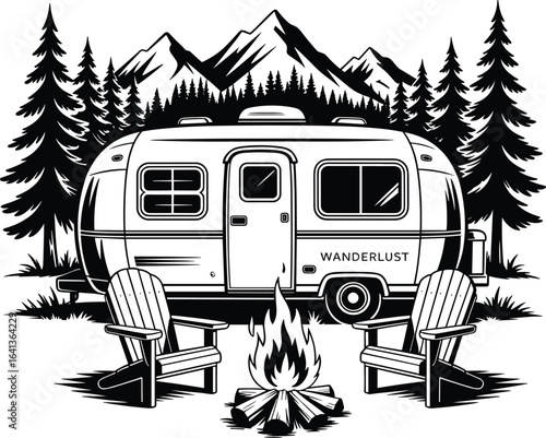 Vintage Camper Van in Forest with Campfire, Black and White Retro Travel Trailer Illustration, Adventure and Nature Camping Scene