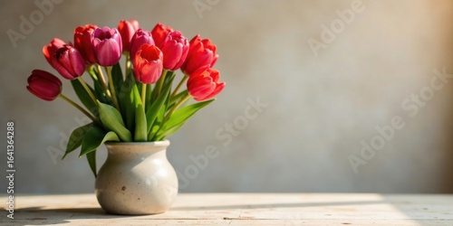Wallpaper Mural A bouquet of vibrant pink and red tulips arranged in a simple, rustic ceramic vase, sitting on a weathered wooden surface, bathed in soft sunlight. Torontodigital.ca