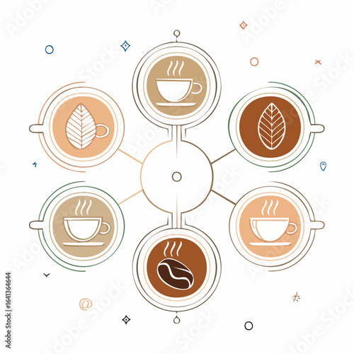Minimalist vector illustration of hot drinks with coffee and tea icons. Elegant thin line art collection in a circular infographic design.
