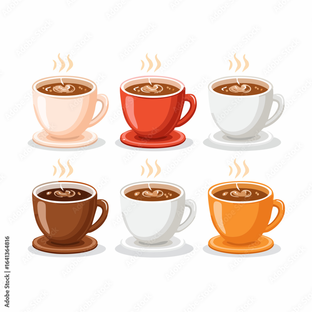 Obraz premium Set of six colorful coffee cups in a flat vector style. Playful cartoon icons of hot beverages isolated on white.