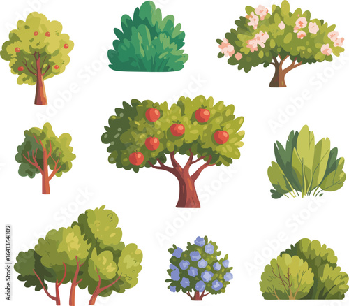 Cartoon trees and bushes illustration set, green forest elements, apple tree, flower bush, garden landscape plants, nature foliage clipart