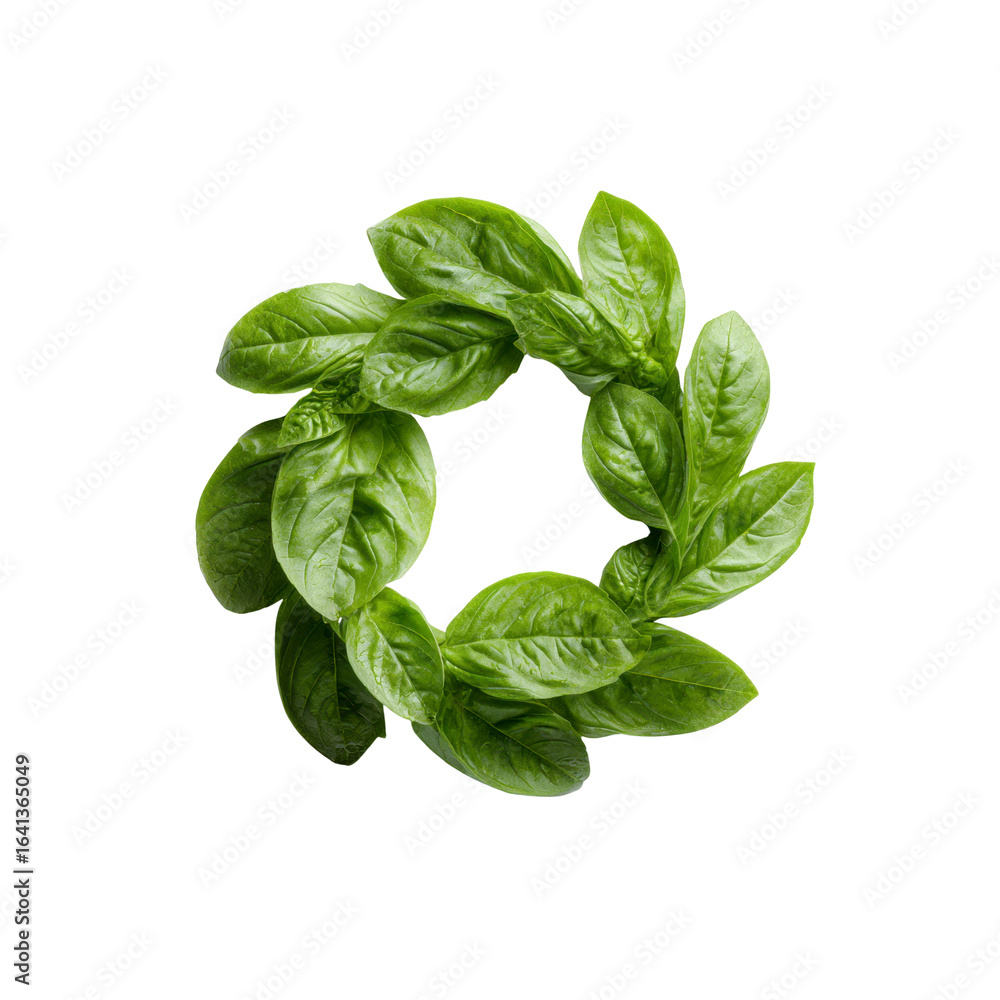 Fototapeta premium Fresh Basil Leaves Arranged in a Circle on Black Background