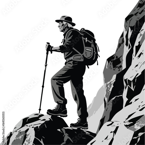 Senior Hiker Ascending Rocky Mountain Trail