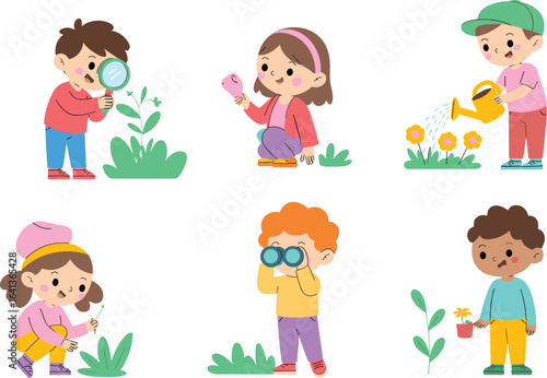 Children exploring nature, cartoon kids with plants, gardening fun, science activity, outdoor classroom, environmental education, learning through play