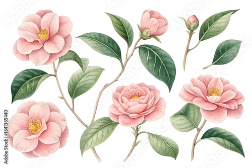 Delicate watercolor painting of blooming pink camellia flowers and green leaves on a white background