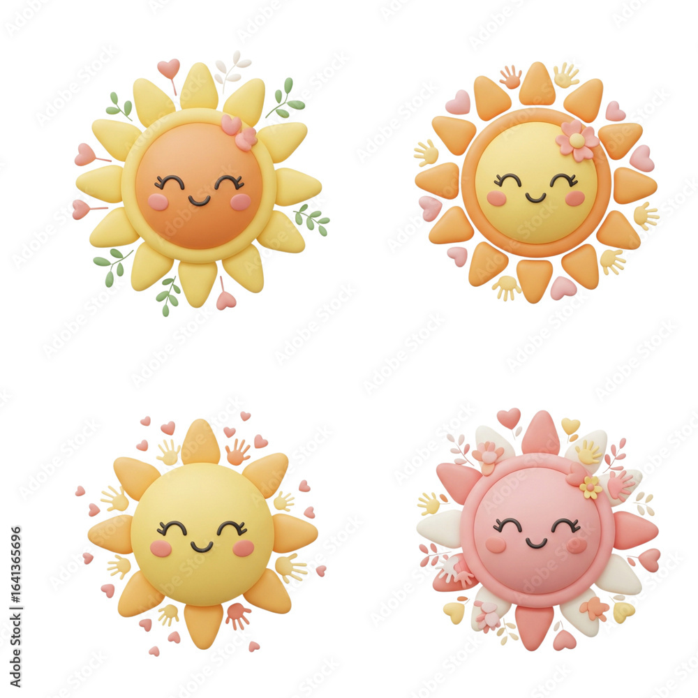 Fototapeta premium Four adorable cartoon suns with flower accents