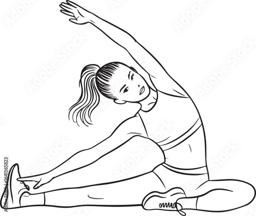 Athletic woman stretching side body reaching arm overhead fitness exercise