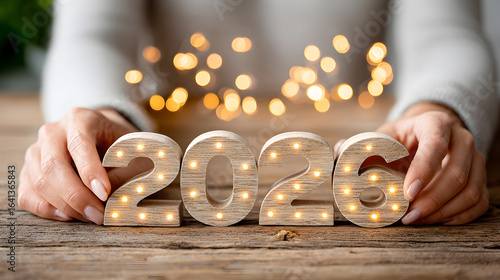 Hands holding illuminated wooden numbers 2026 on rustic wooden table, with soft bokeh lights in the background creating a warm festive atmosphere. Selective focus