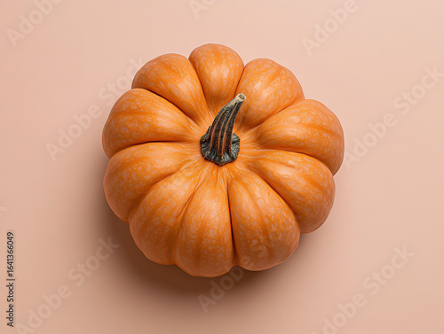 Small orange pumpkin on beige background, top view,