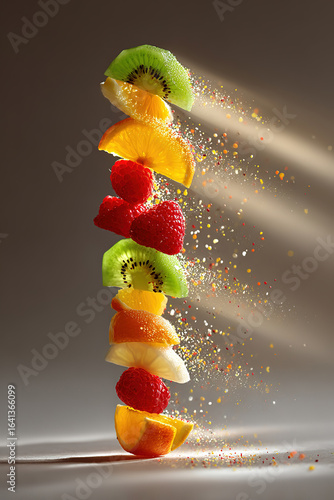 sliced fruits kiwi orange , berry mid-air with gloving beams of sunlight 