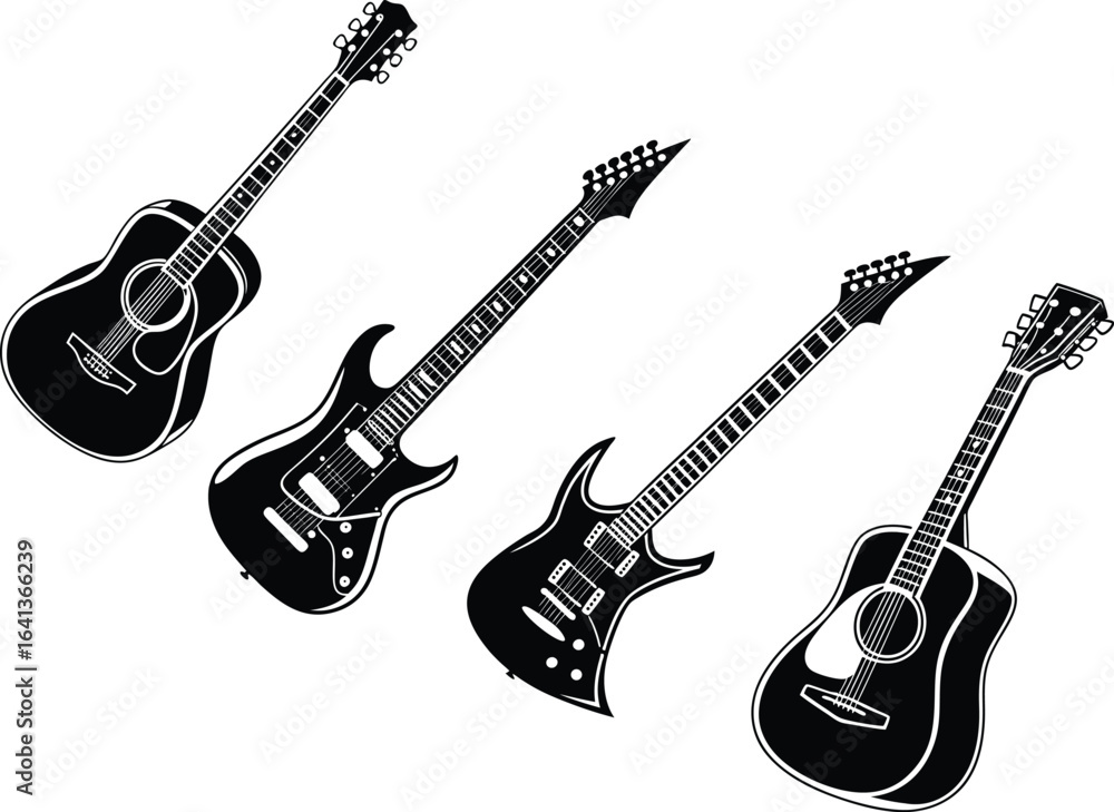 Fototapeta premium Acoustic and Electric Guitars Silhouette Vector Illustration