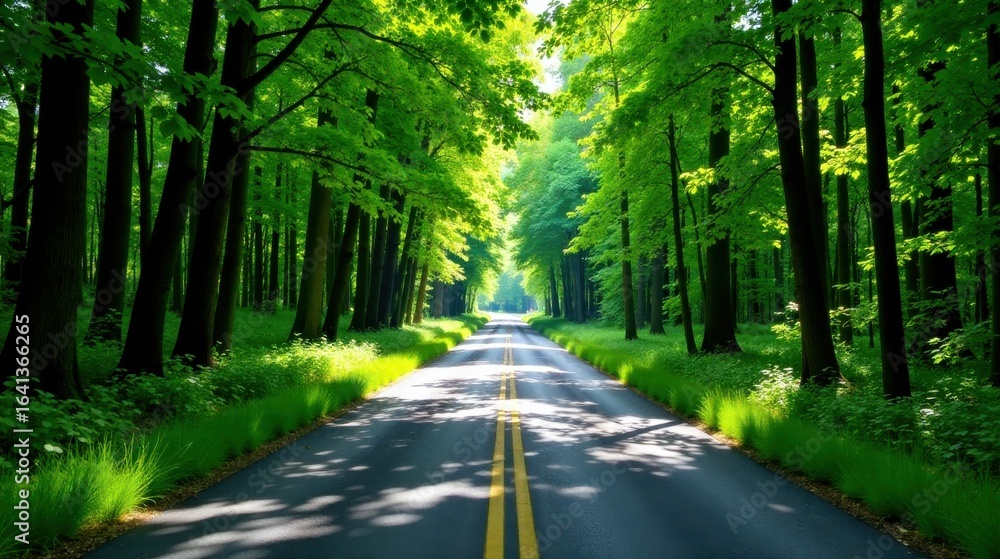 Fototapeta premium Serene Forest Road A sunlit asphalt path through a lush green canopy of trees, bordered by vibrant grass, offering a tranquil and scenic drive.