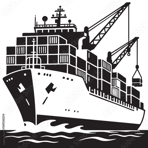 Large Container Ship Cargo Vessel at Sea Black and White Illustration