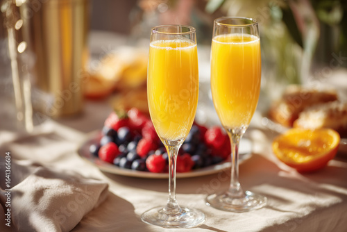 A bright, elegant brunch setting featuring tall flutes of sparkling mimosa drinks with vibrant orange juice and bubbly champagne