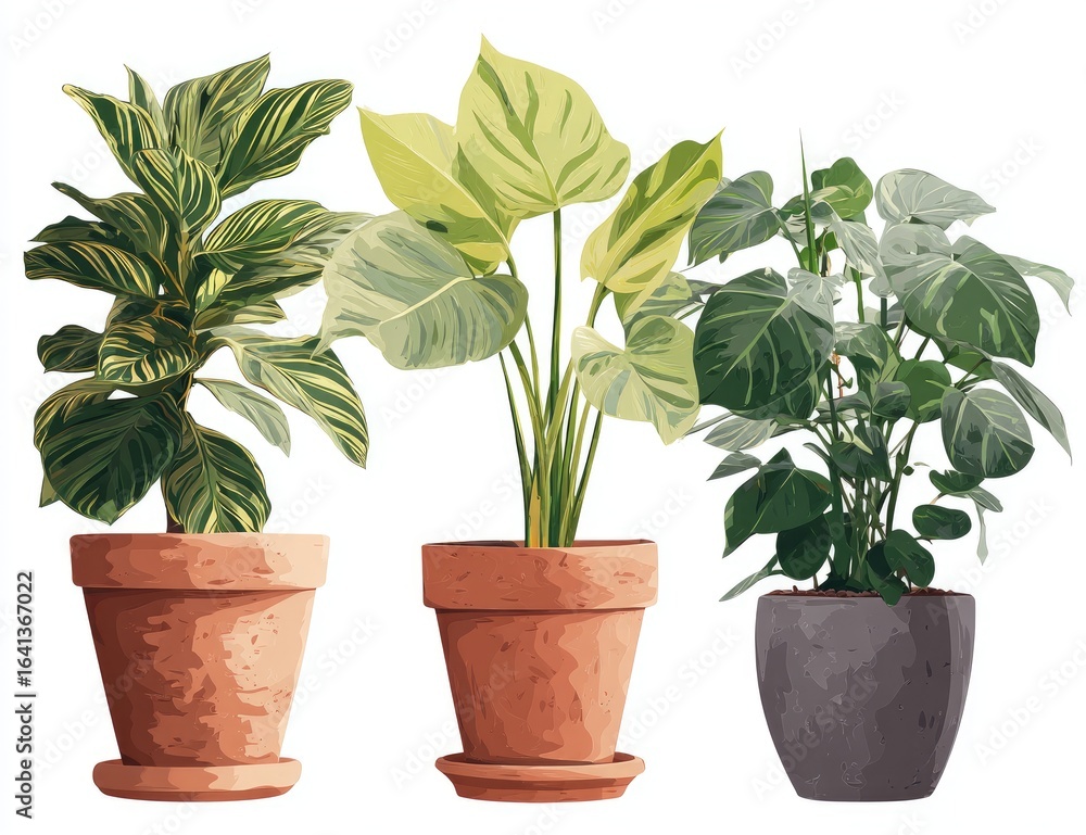 Fototapeta premium Three potted houseplants in terracotta and grey pots