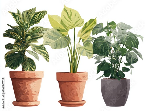 Three potted houseplants in terracotta and grey pots