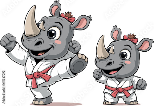 Cartoon rhinoceroses in martial arts uniforms, red belts, high kick pose, playful fight scene, karate animals, fun character design