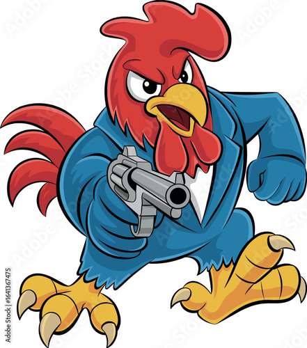 Cartoon rooster in blue suit, holding silver handgun, aggressive farm animal character, humorous anthropomorphic bird, unusual funny illustration