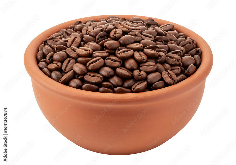 Fototapeta premium Terracotta bowl filled with roasted coffee beans isolated on transparent background