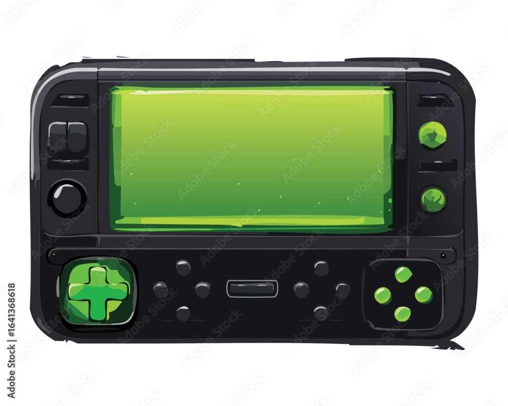 Fototapeta premium Detailed drawing of a sleek black handheld game console with green buttons and a blank screen, designed for digital media