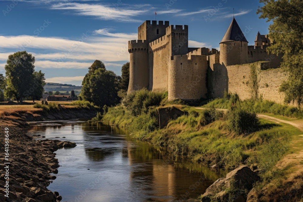 Carcassonne imposing medieval fortifications reflecting on aude river at sunset, in a beautiful summer afternoon Carcassonne imposing medieval fortifications reflecting on aude river at sunset, in a beautiful summer afternoon