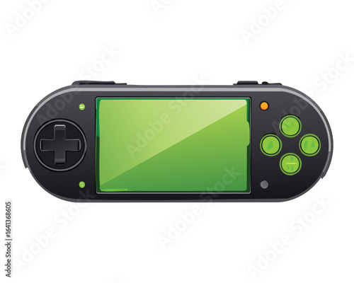 Black handheld game console illustration with a glossy finish and shiny green buttons, a sleek and stylish design for digital assets
