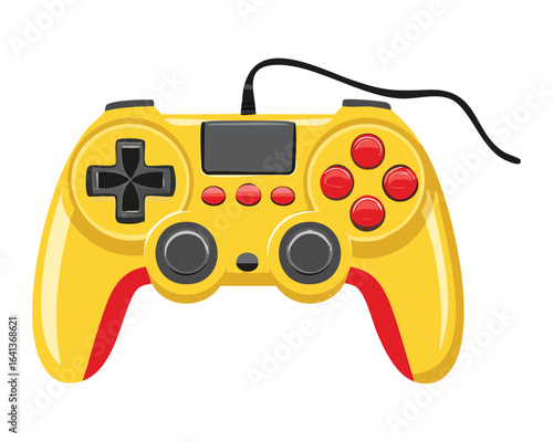 Isolated illustration of a classic yellow video game controller with red buttons and a gray joystick, a perfect icon for gaming themes