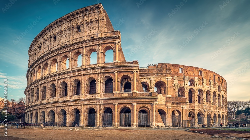 Fototapeta premium Majestic Colosseum in Rome, Italy: Ancient Amphitheater Under Blue Sky, Architectural Marvel and Historical Landmark