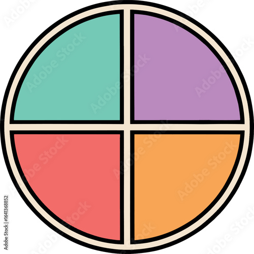Circle icon divided into four colored sections. Flat design pie chart or logo with pastel quadrants. Vector graphic element for infographics, isolated on white background.