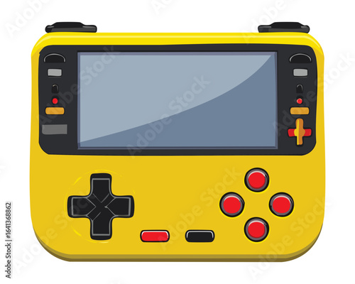 Cute and chunky retro handheld game console, a detailed yellow illustration with a large screen and red buttons for a nostalgic gaming theme